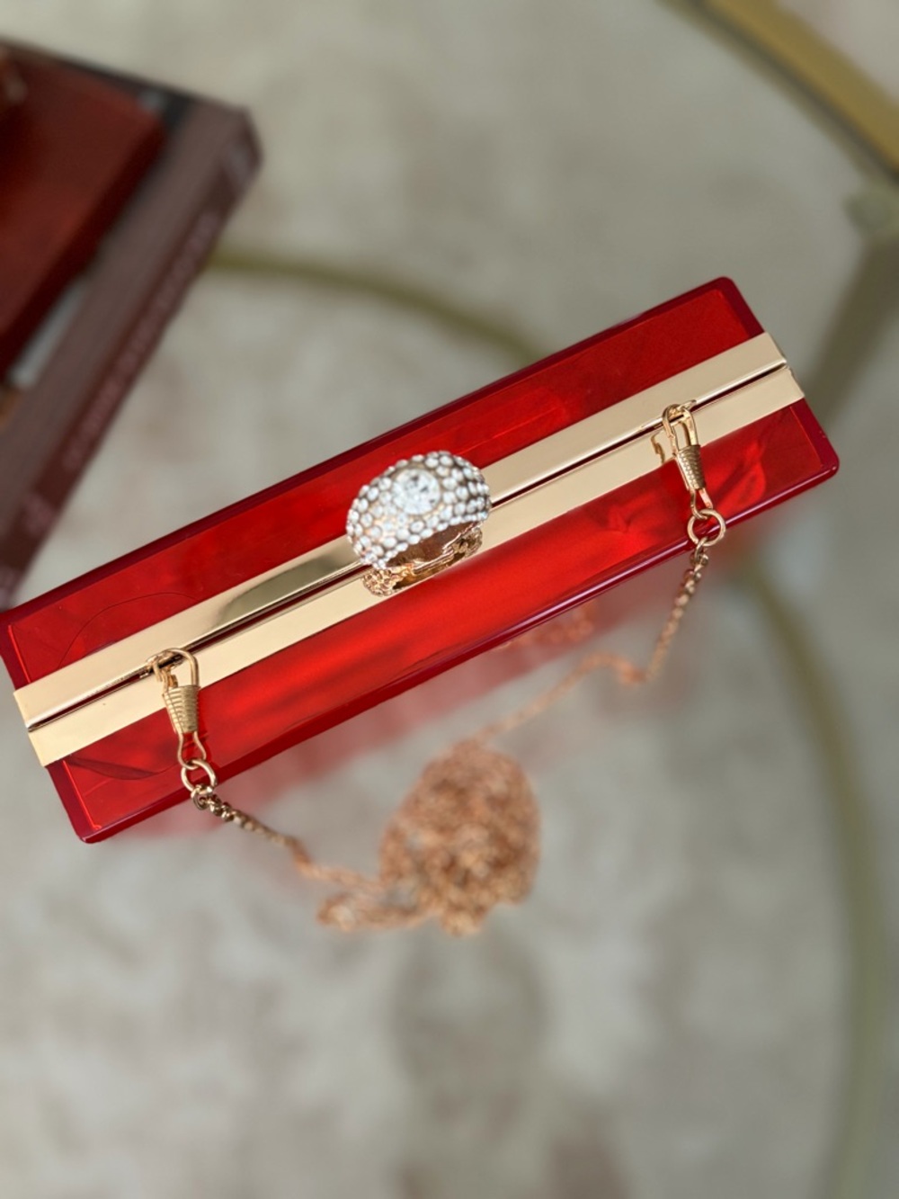 Red Acrylic Box Clutch Rhinestone Ring Clasp Gold Chain Evening Bag - Picture 6 of 14